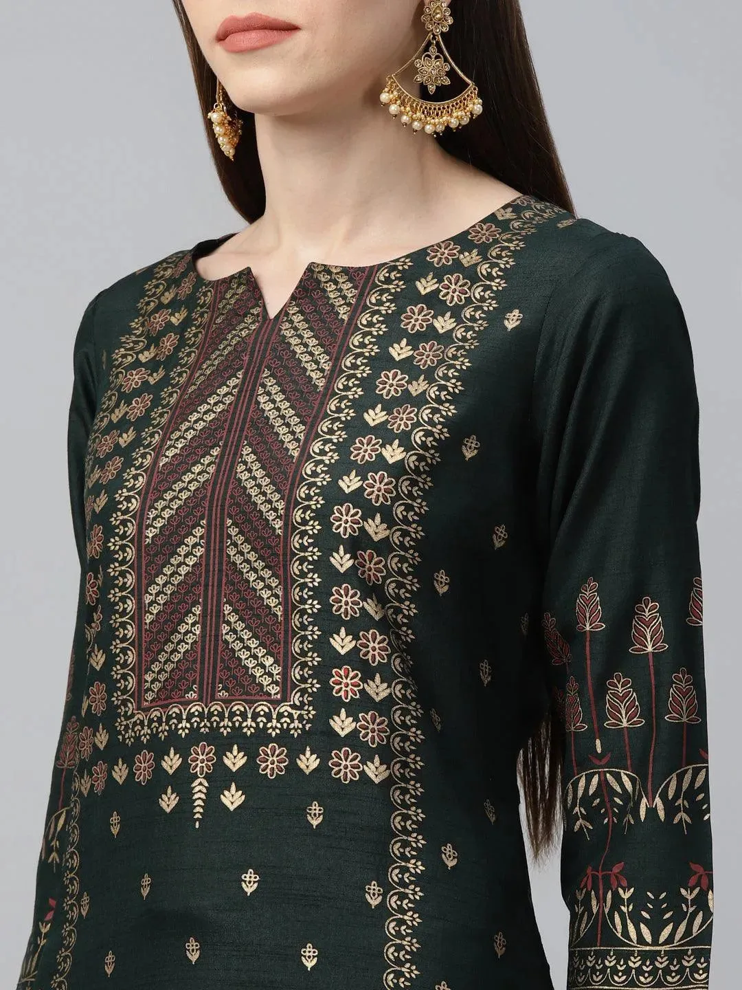 Green Printed Polyester Straight Kurta With Palazzos & Dupatta