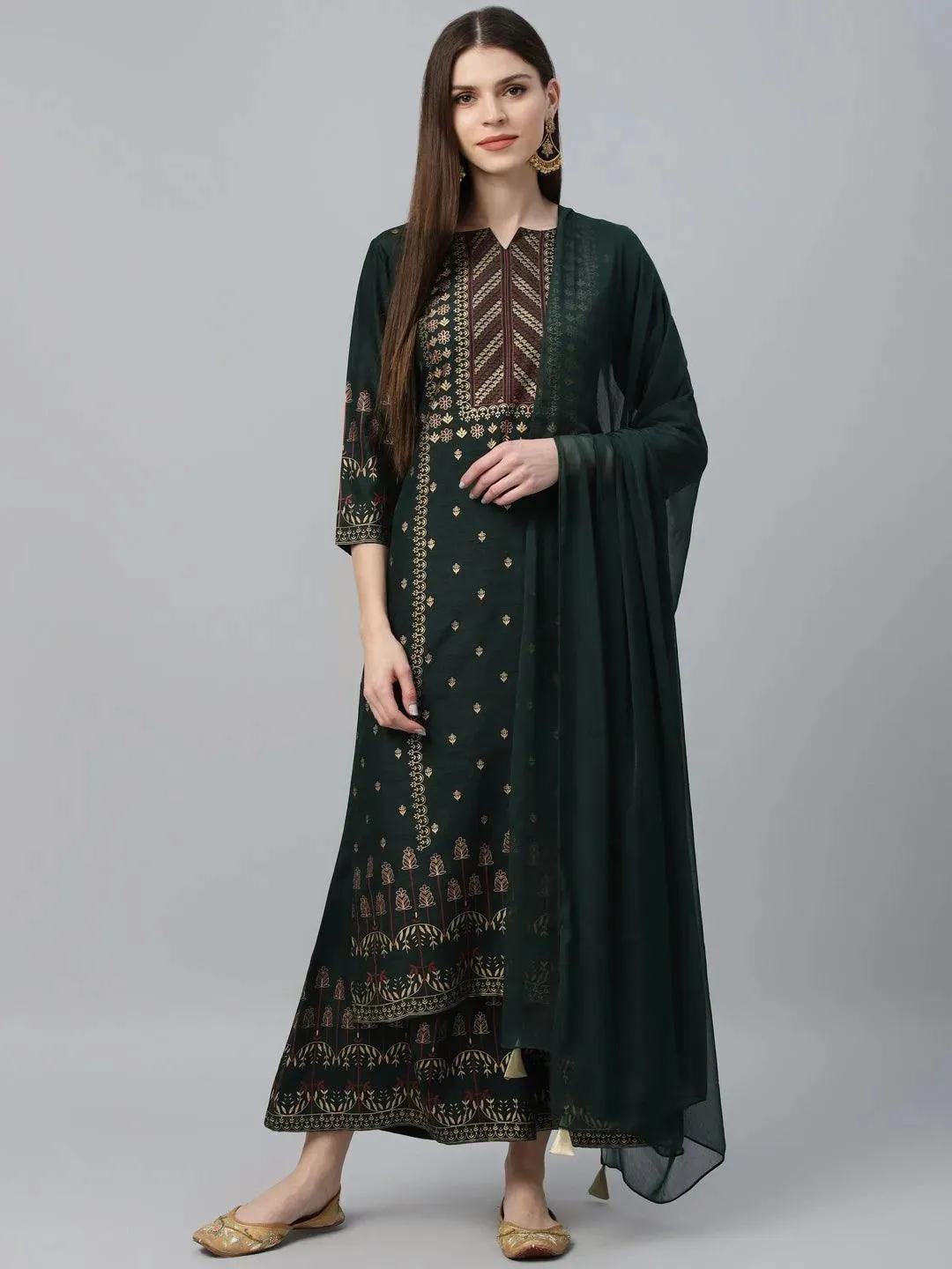 Green Printed Polyester Straight Kurta With Palazzos & Dupatta