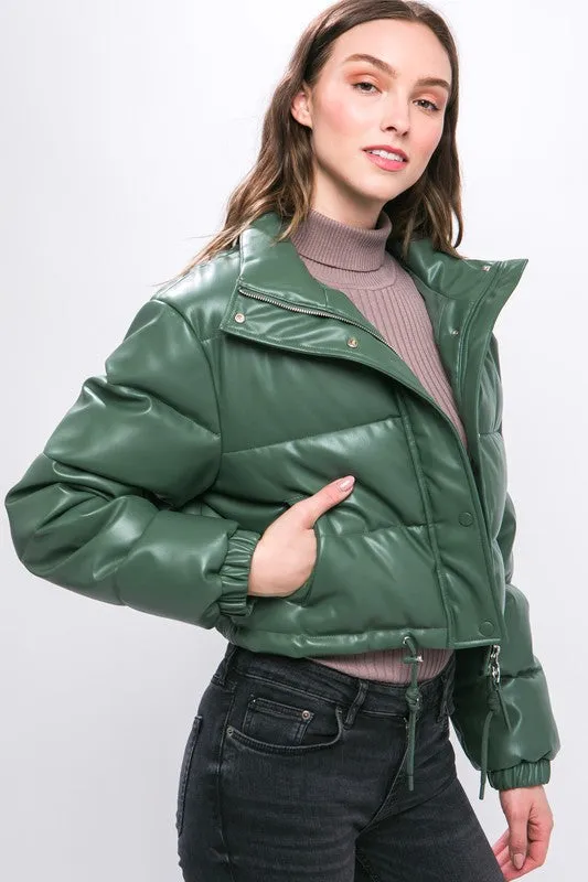 Green PU Faux Leather Puffer Jacket With Snap Closure