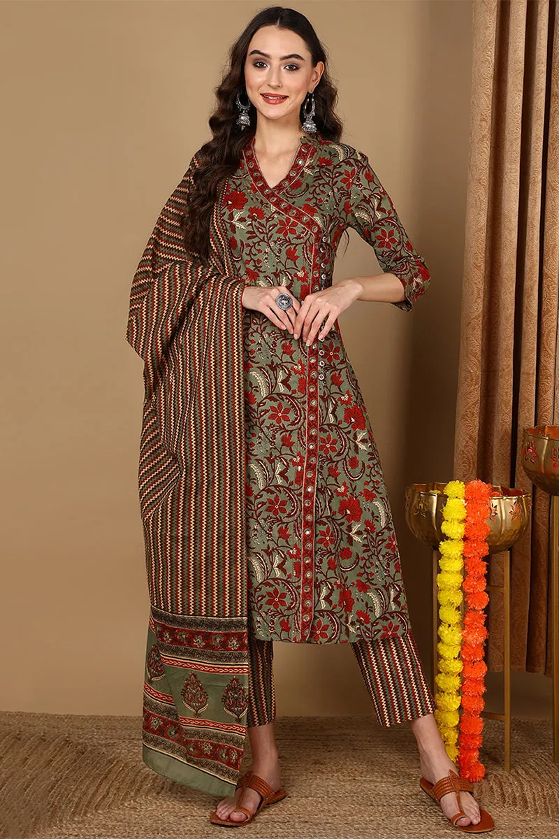 Green Pure Cotton Floral Printed Angarkha Suit Set