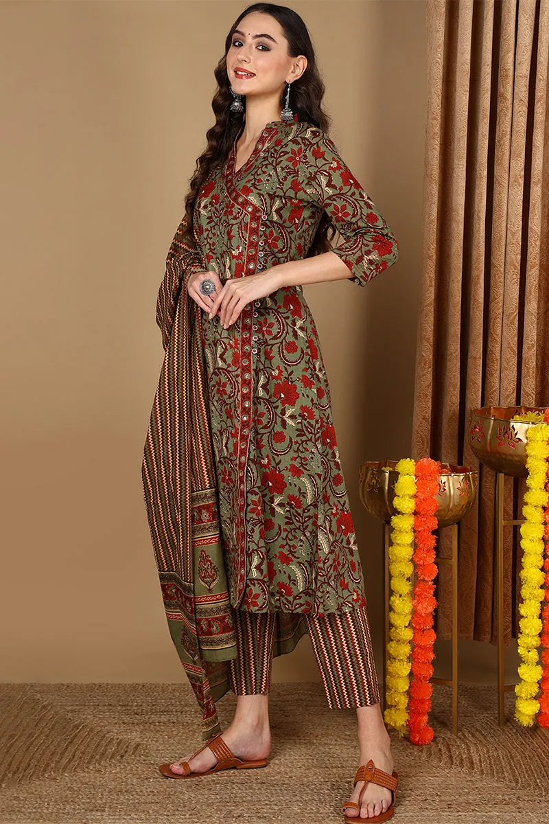 Green Pure Cotton Floral Printed Angarkha Suit Set