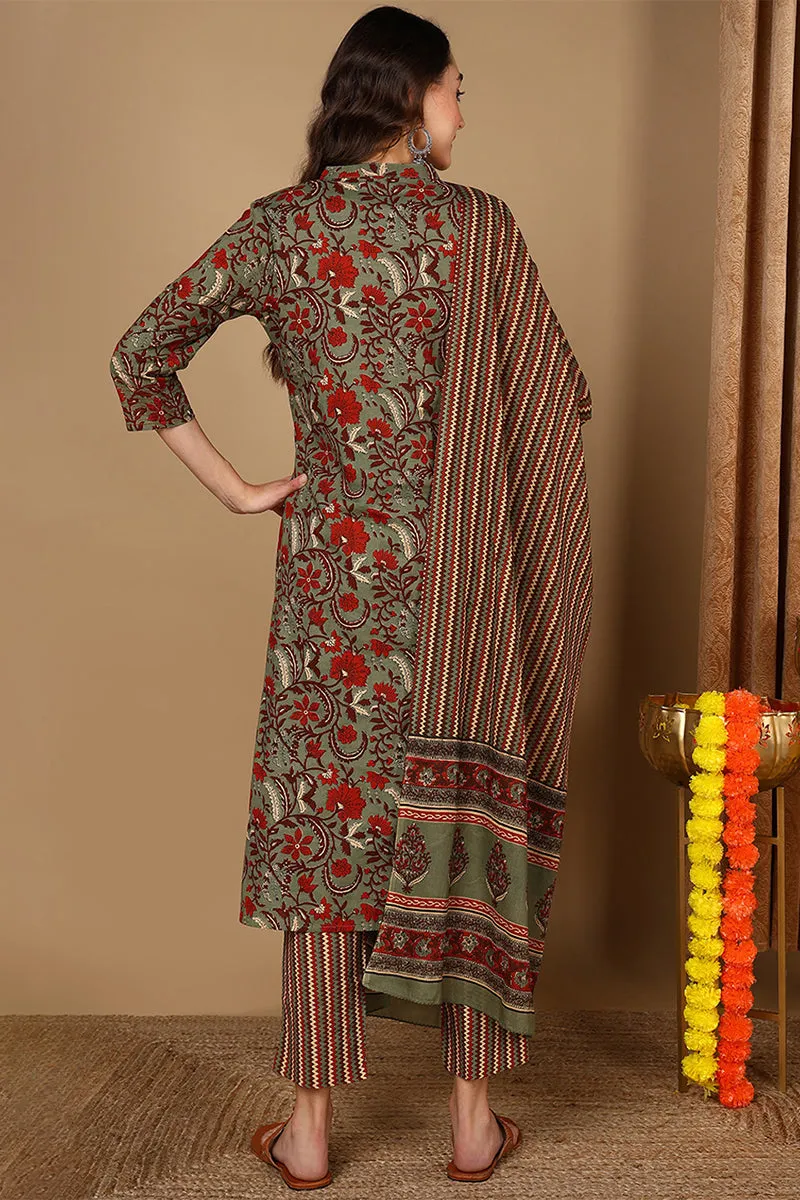 Green Pure Cotton Floral Printed Angarkha Suit Set