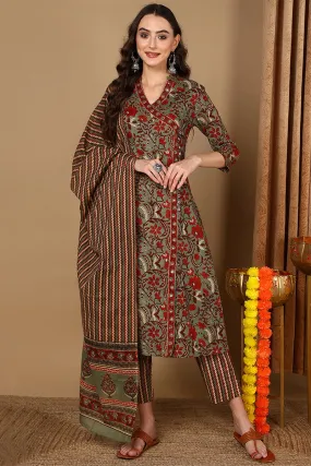 Green Pure Cotton Floral Printed Angarkha Suit Set