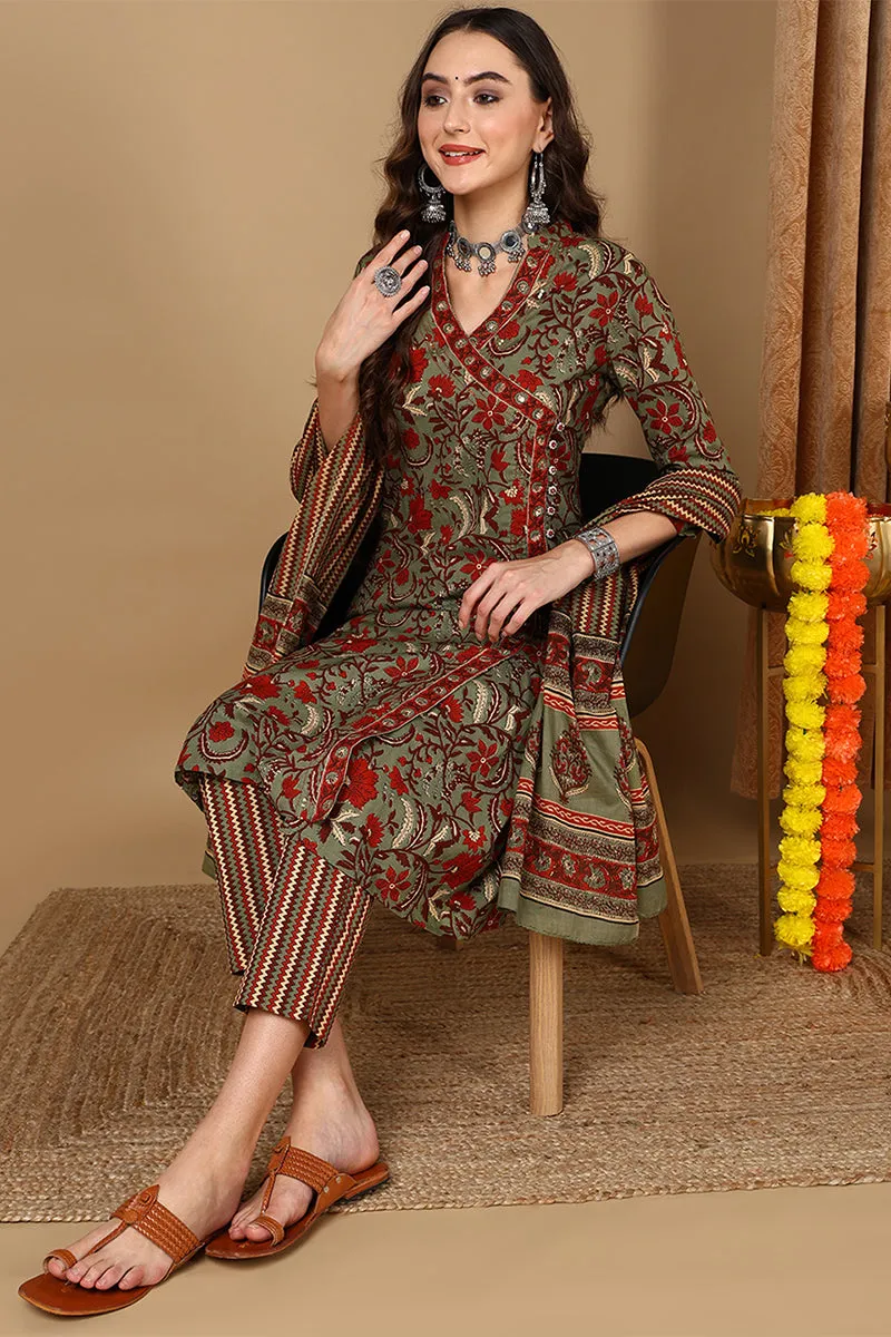 Green Pure Cotton Floral Printed Angarkha Suit Set