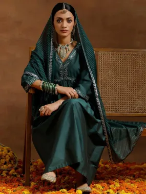 Green Solid Silk Blend A-Line Kurta With Trousers & Dupatta