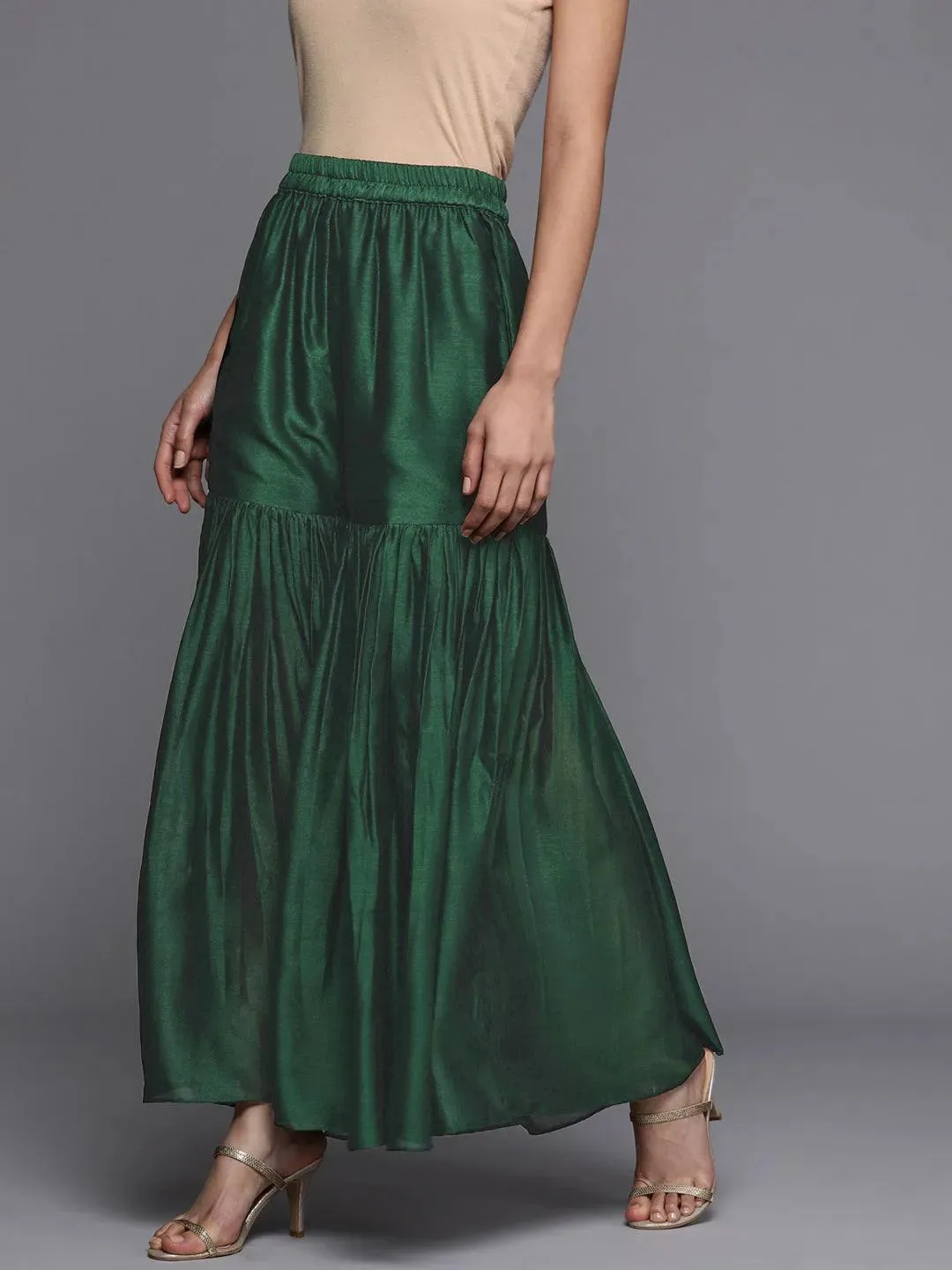 Green Solid Silk Blend Palazzos