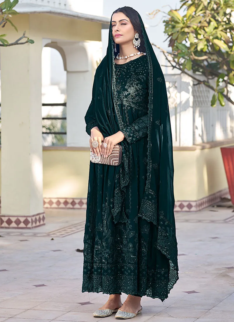 Green Thread Embroidery Traditional Anarkali Suit