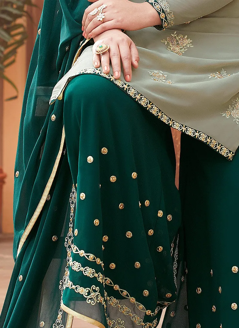 Green Two Tone Embroidered Palazzo Suit