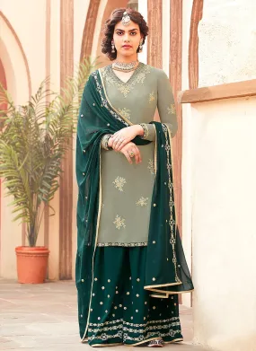 Green Two Tone Embroidered Palazzo Suit