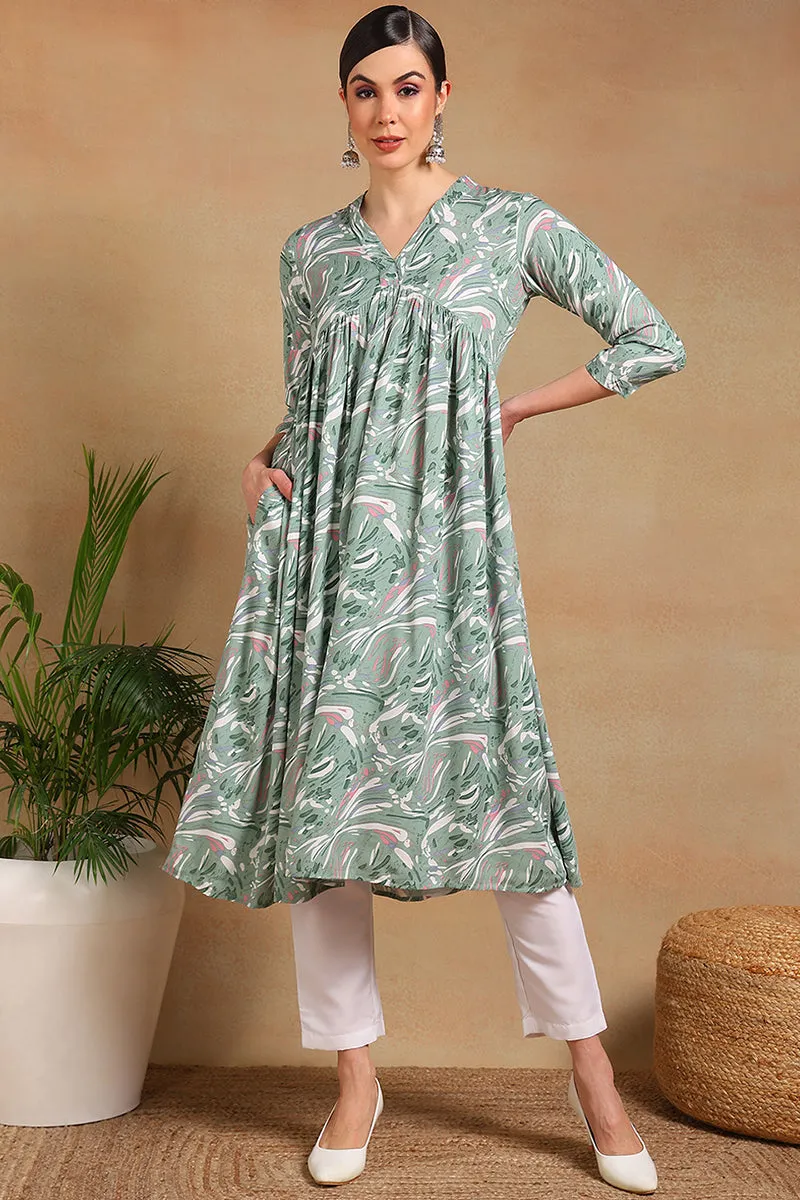 Green Viscose Rayon Floral Printed A Line Kurta