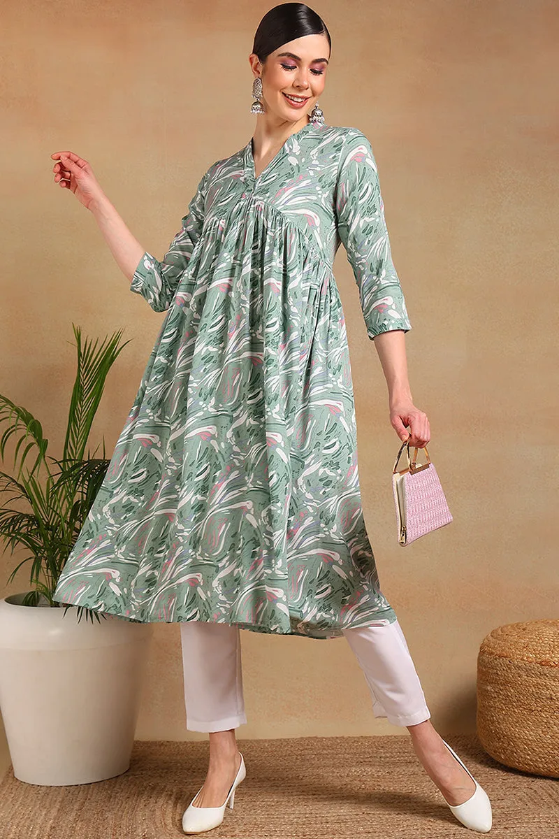 Green Viscose Rayon Floral Printed A Line Kurta