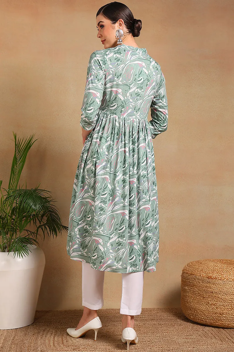 Green Viscose Rayon Floral Printed A Line Kurta