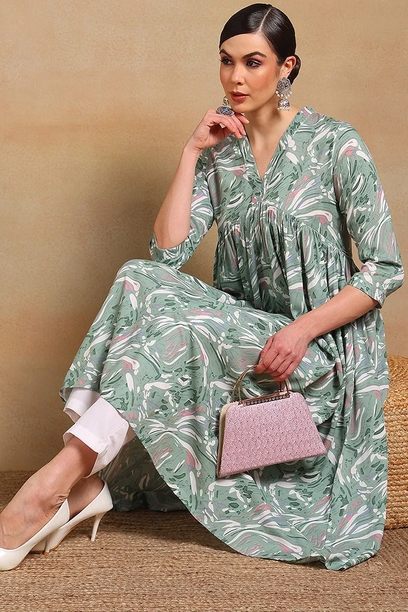 Green Viscose Rayon Floral Printed A Line Kurta