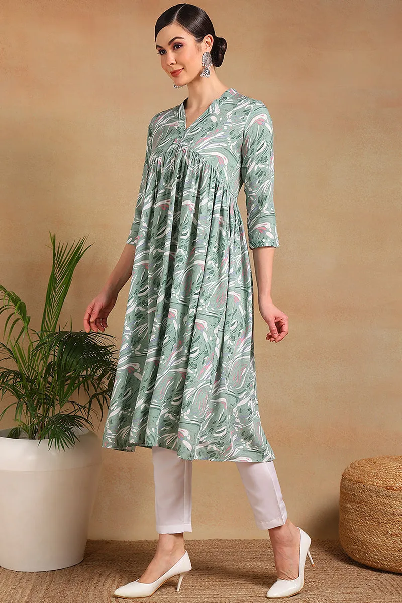 Green Viscose Rayon Floral Printed A Line Kurta