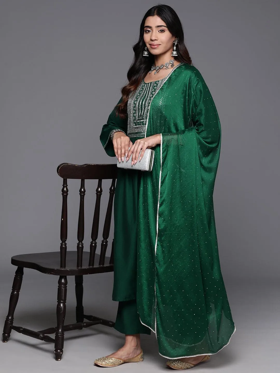 Green Yoke Design Silk Blend A-Line Kurta With Trousers & Dupatta