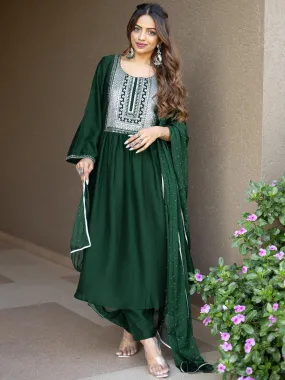 Green Yoke Design Silk Blend A-Line Kurta With Trousers & Dupatta