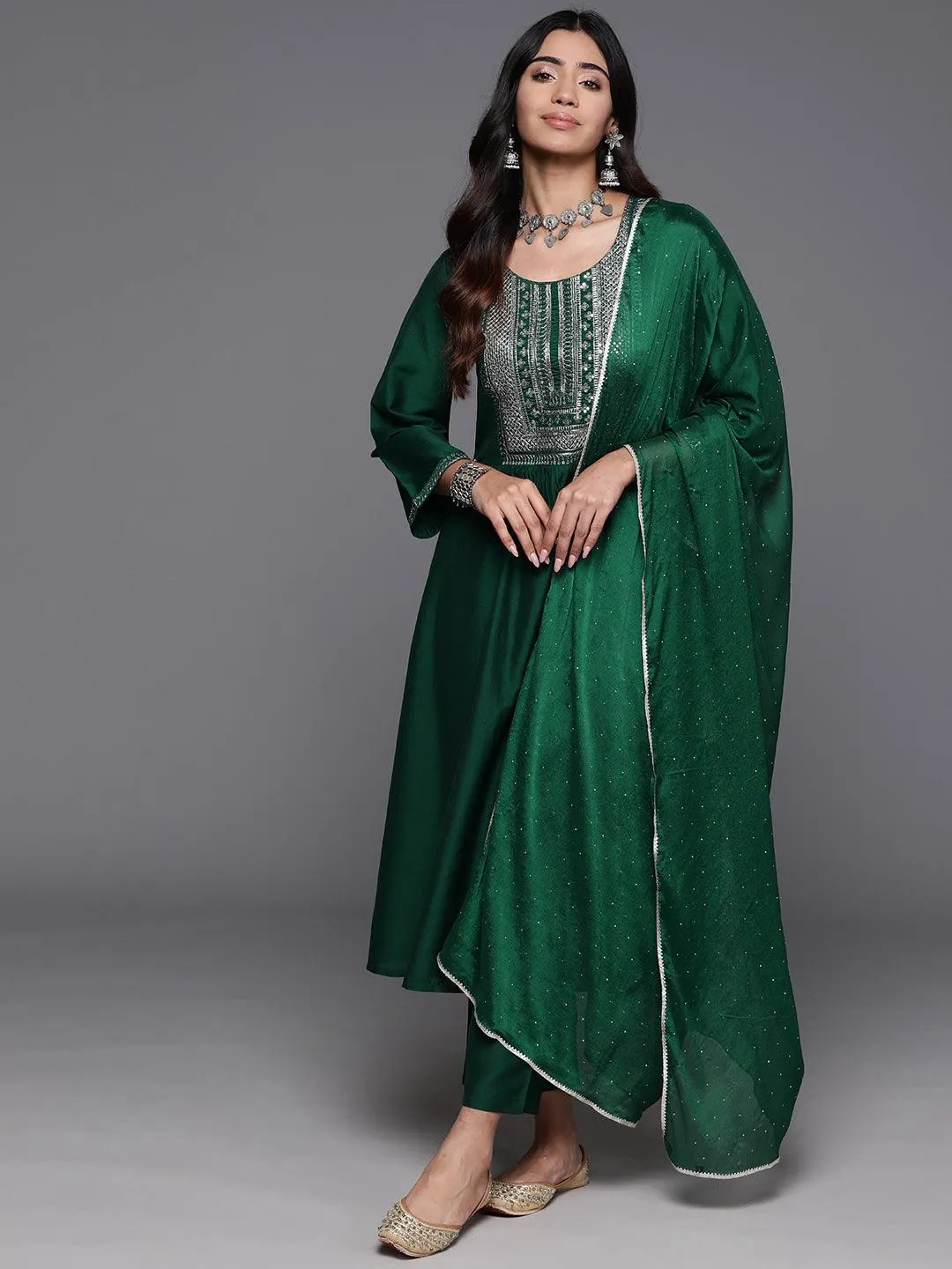 Green Yoke Design Silk Blend A-Line Kurta With Trousers & Dupatta