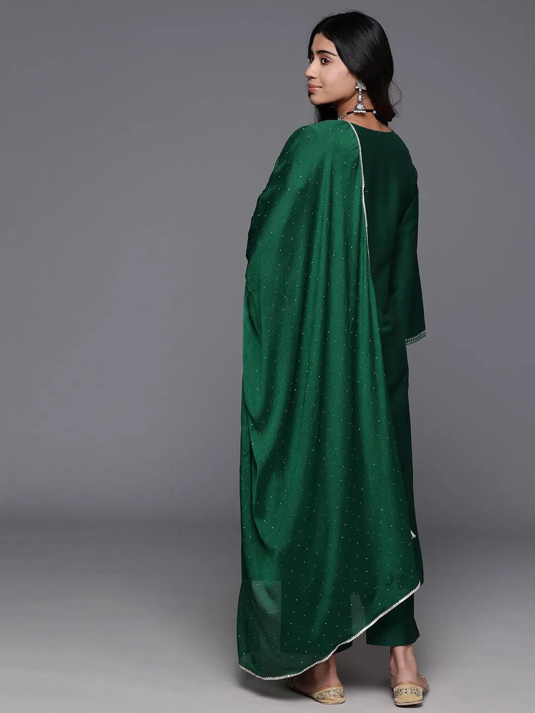 Green Yoke Design Silk Blend A-Line Kurta With Trousers & Dupatta