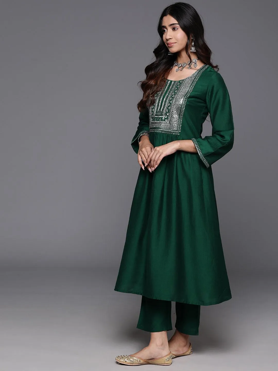 Green Yoke Design Silk Blend A-Line Kurta With Trousers & Dupatta