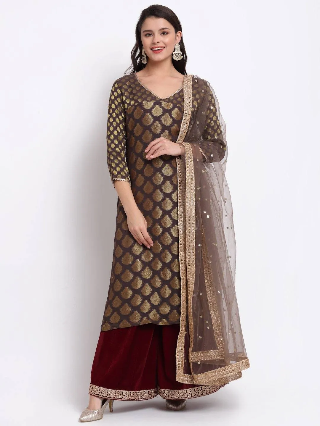 Grey and Maroon Palazzo Suit Set with Dupatta