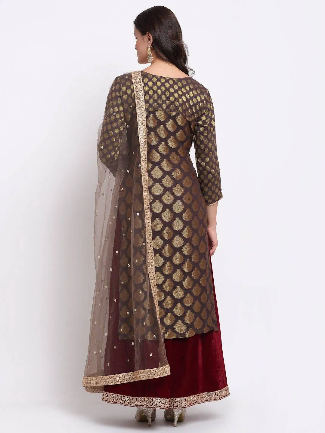 Grey and Maroon Palazzo Suit Set with Dupatta