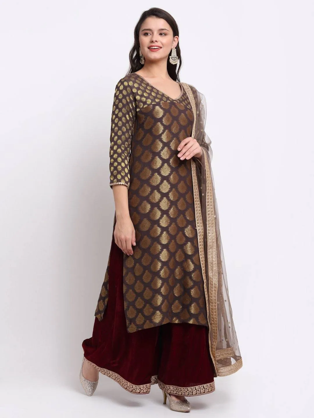 Grey and Maroon Palazzo Suit Set with Dupatta