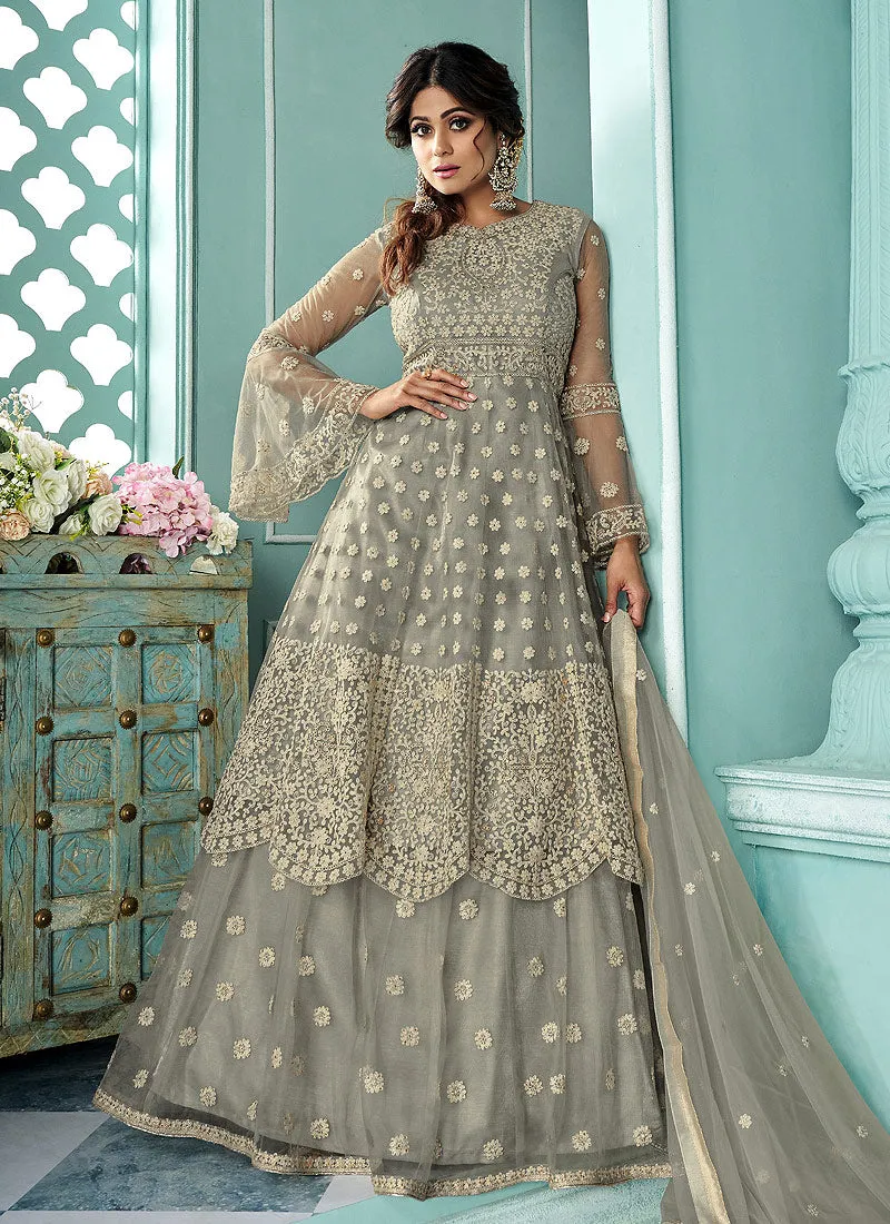 Grey Embroidery Anarkali Style Lehenga Suit