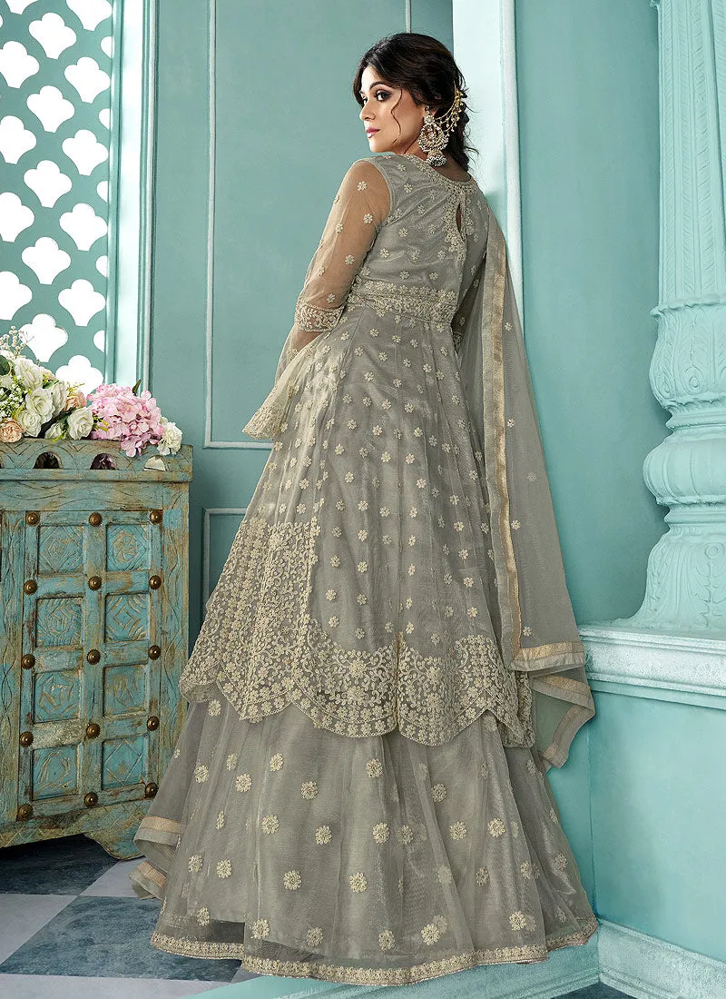 Grey Embroidery Anarkali Style Lehenga Suit