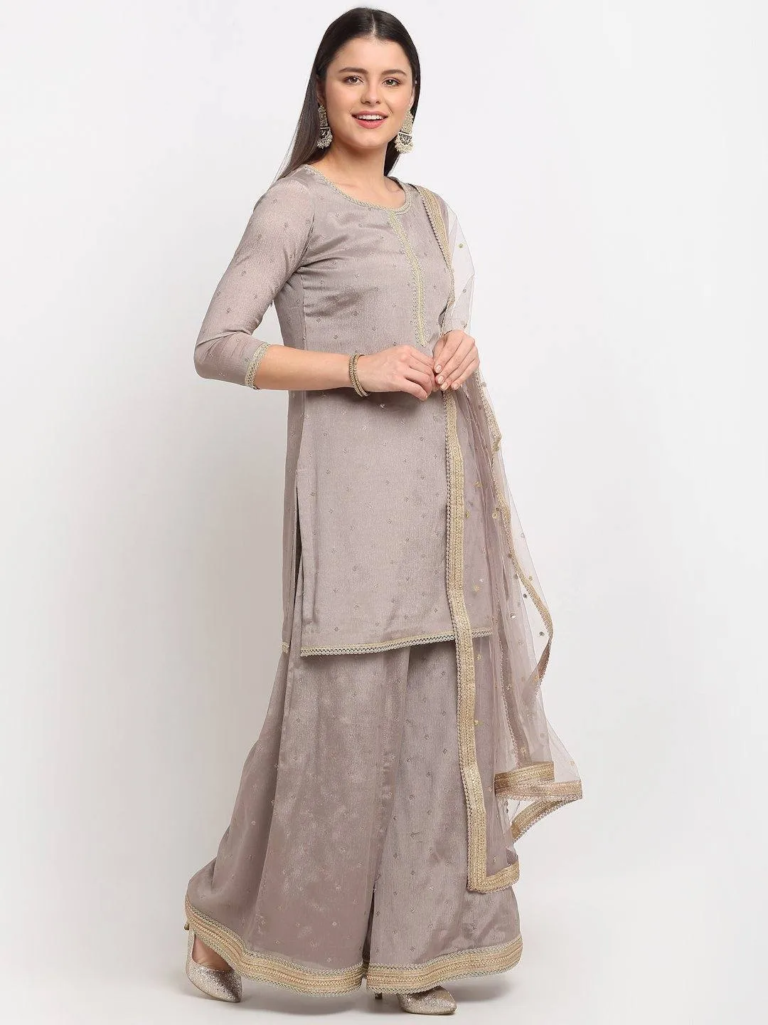 Grey Golden Border Suit Set with Dupatta