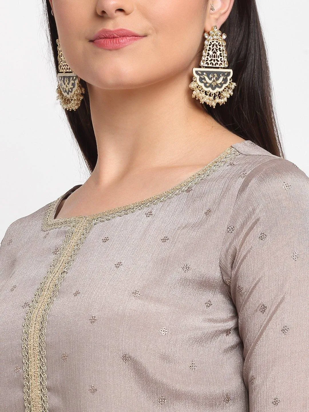 Grey Golden Border Suit Set with Dupatta