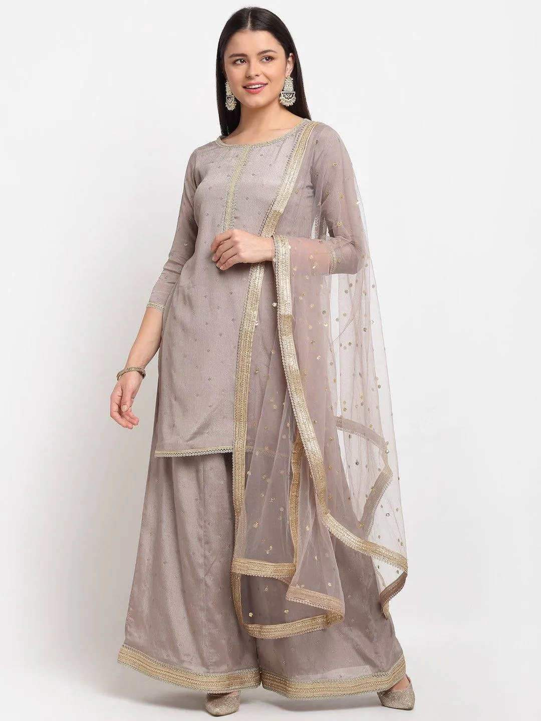 Grey Golden Border Suit Set with Dupatta