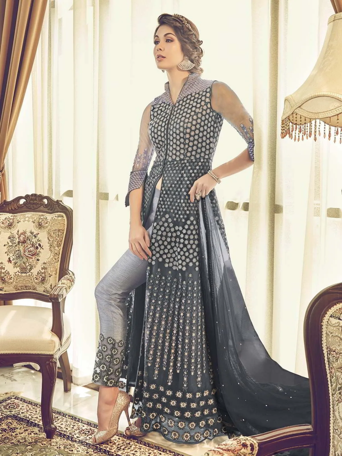 Grey Heavily Embroidered Stylish Anarkali Pant Suit