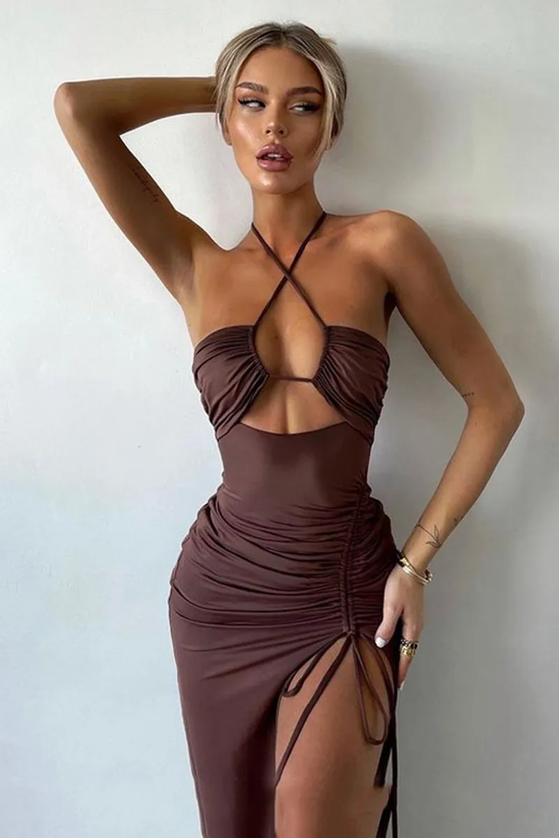 Halter Cutout Drawstring Slit Maxi Bodycon Dress