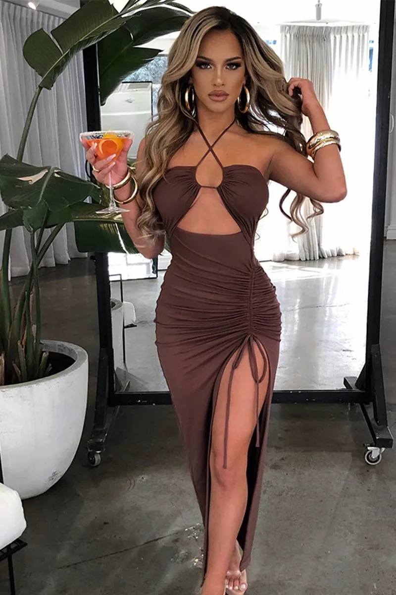 Halter Cutout Drawstring Slit Maxi Bodycon Dress