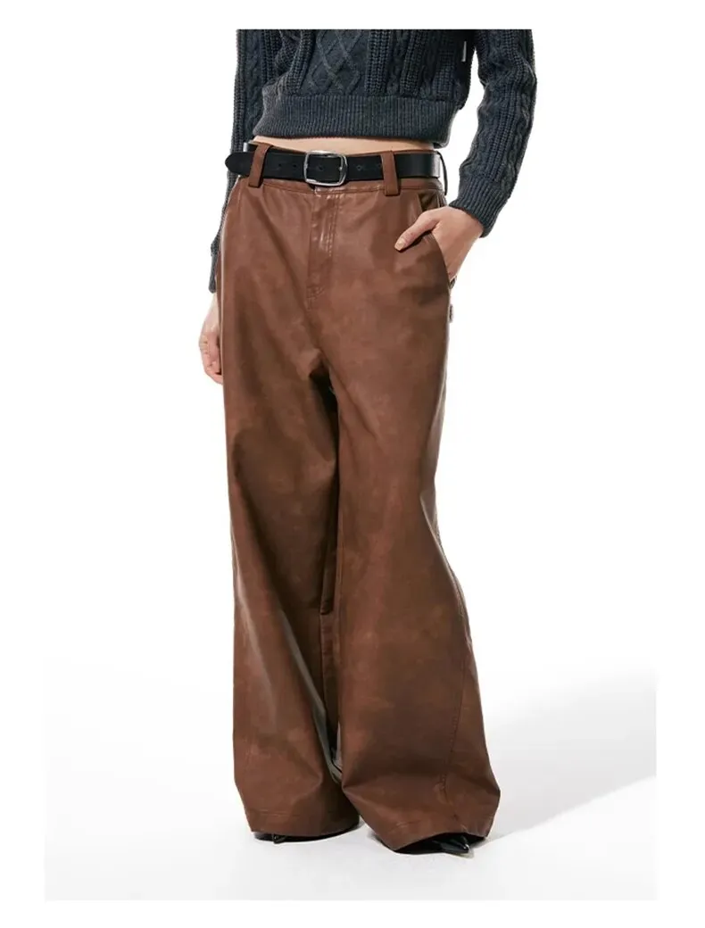 HEYFANCYSTYLE Luxury Wide Leg PU Leather Pants