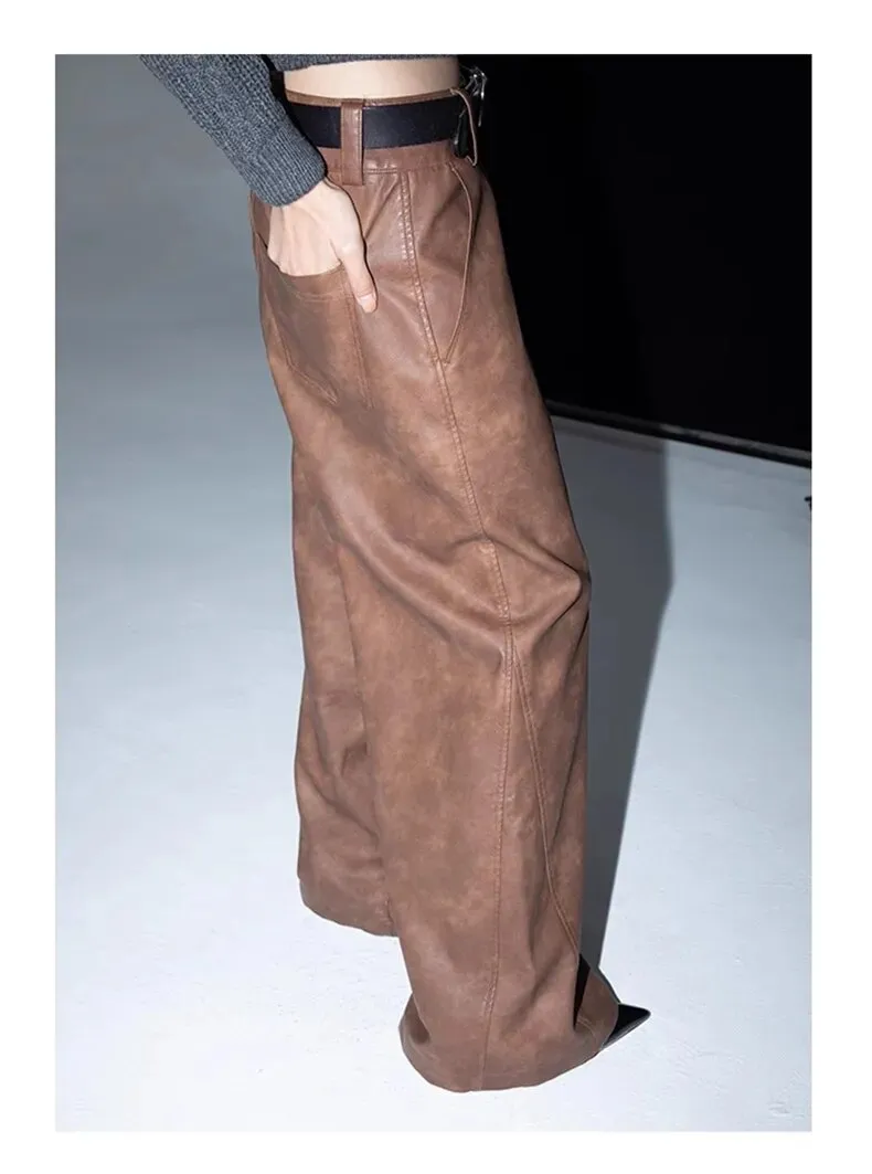 HEYFANCYSTYLE Luxury Wide Leg PU Leather Pants