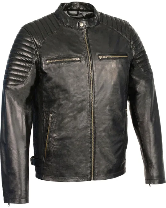 High Quality New Style Fashion  Men's Quilted Shoulders Snap Collar Leather Jacket