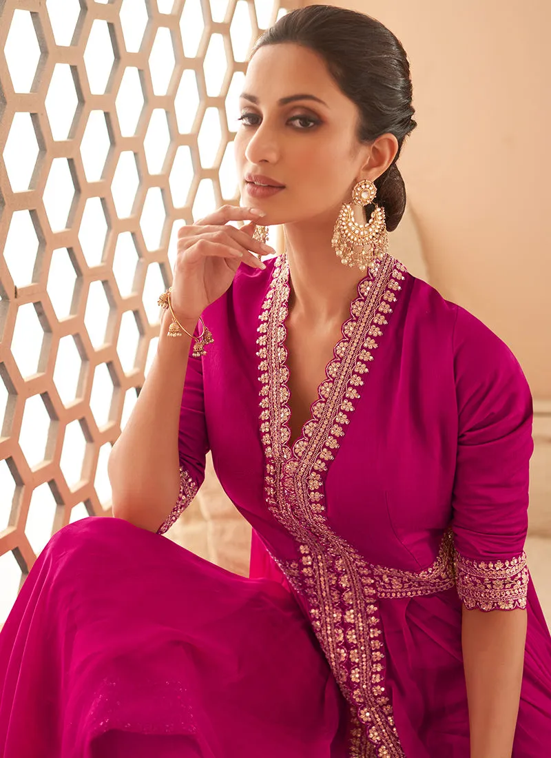 Hot Pink Embroidery Slit Style Anarkali Pant Suit