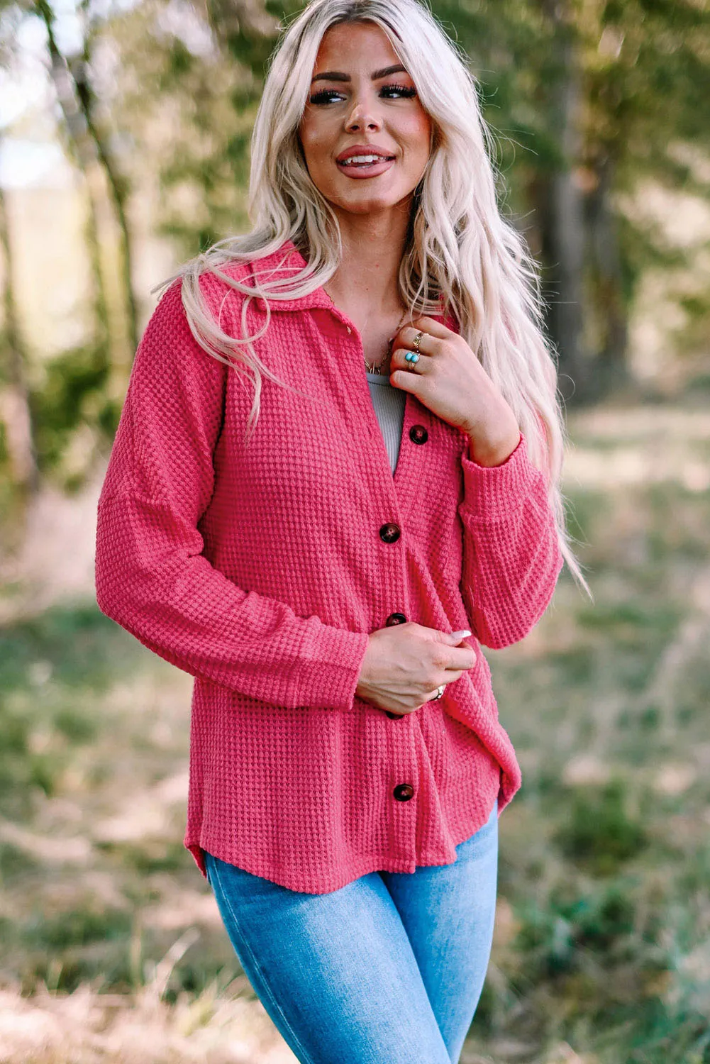 Hot Pink Pocket Buttons Front Waffle Knit Shacket