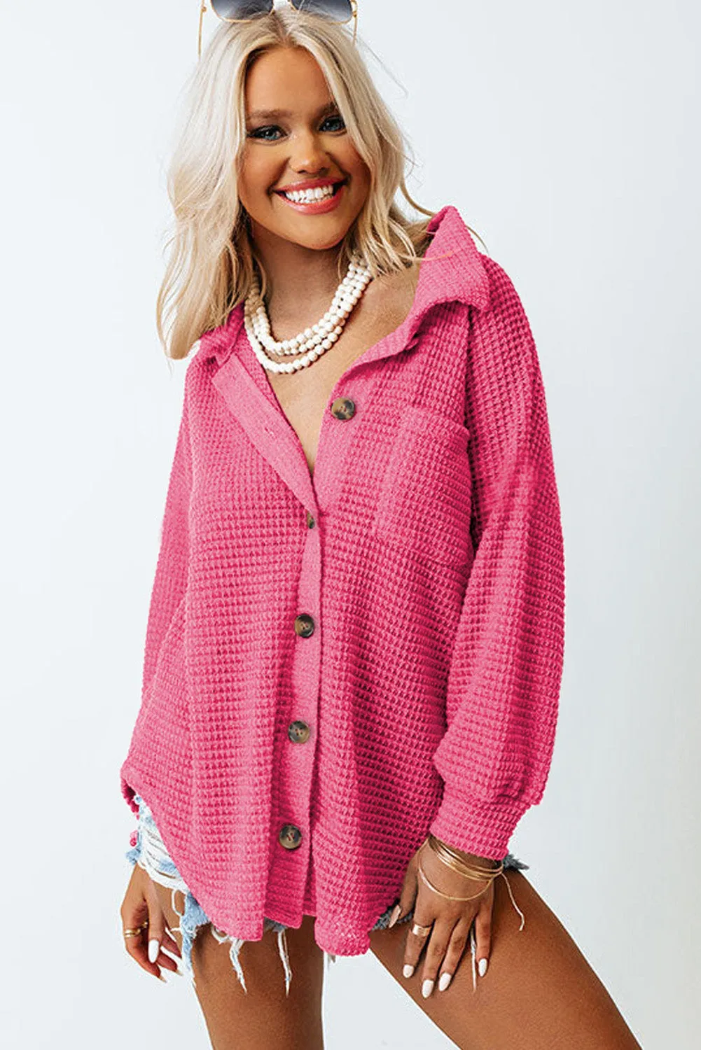 Hot Pink Pocket Buttons Front Waffle Knit Shacket