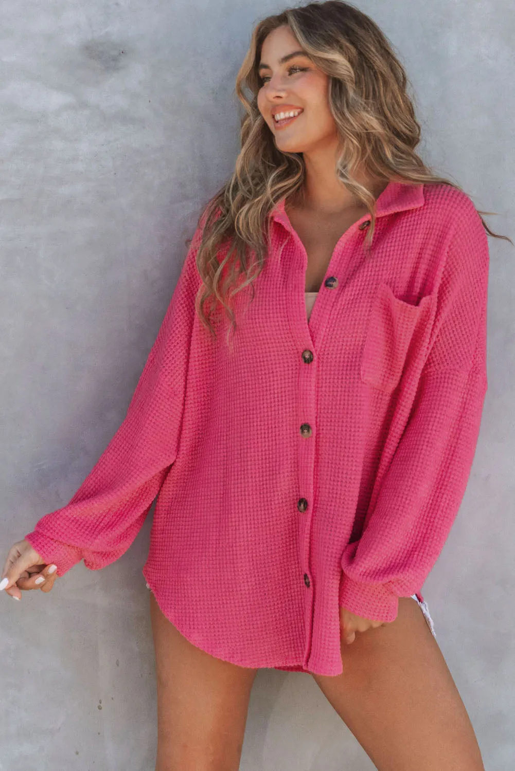 Hot Pink Pocket Buttons Front Waffle Knit Shacket