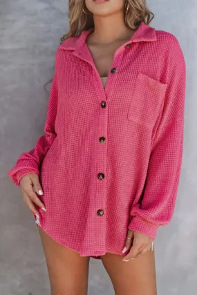 Hot Pink Pocket Buttons Front Waffle Knit Shacket