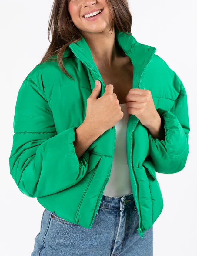 I Heard The Bells Green Front Pocket Puffer Jacket SALE