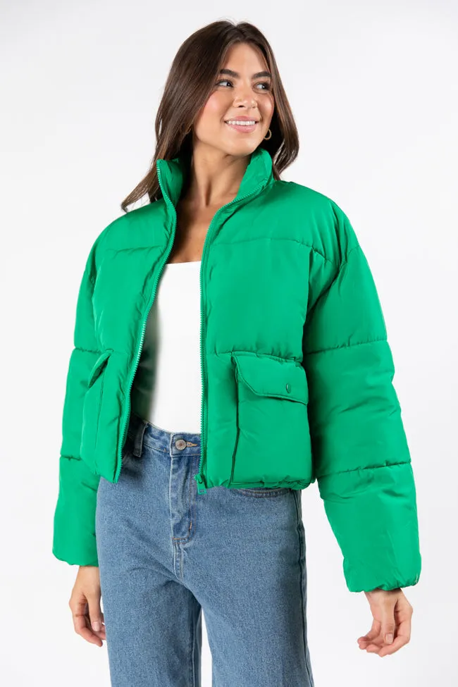 I Heard The Bells Green Front Pocket Puffer Jacket SALE