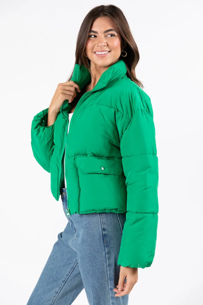 I Heard The Bells Green Front Pocket Puffer Jacket SALE