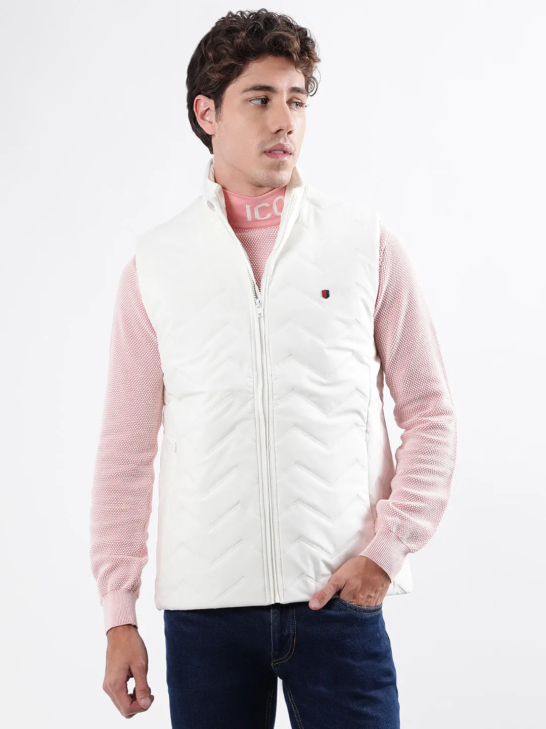 Iconic Men White Solid Stand Collar Sleeveless Puffer Jacket