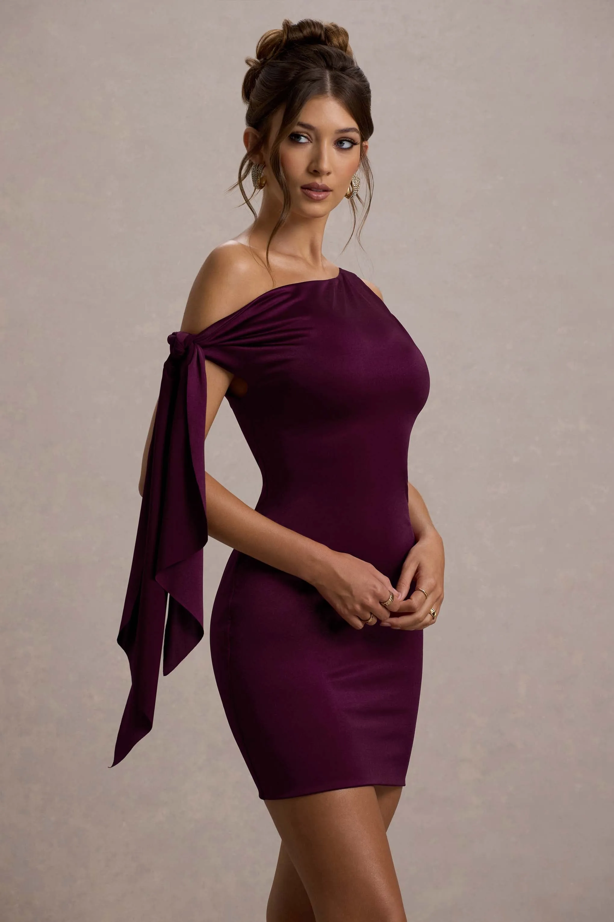 Ilythia | Plum Asymmetric Mini Dress With Tie Sleeve