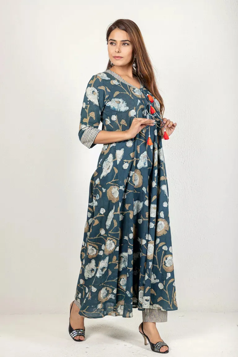 Indigo & Beige Hand Block Dabu Print Kurta With Pants Set