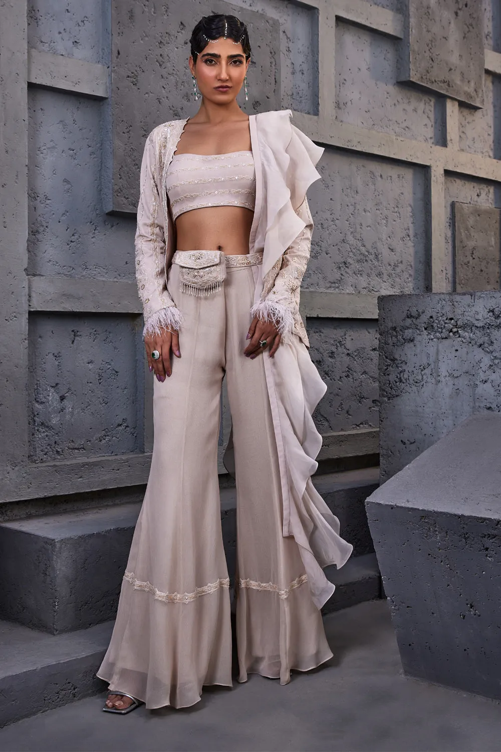 Ivory Co-Ord Set with Ruffled Dupatta