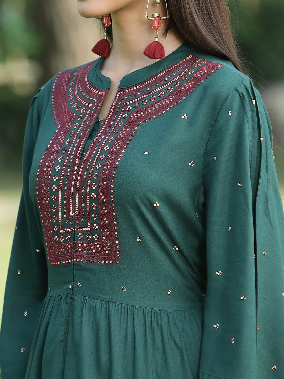 Jade Green Rayon Embroidered High-Slit Kurta & Pants Set